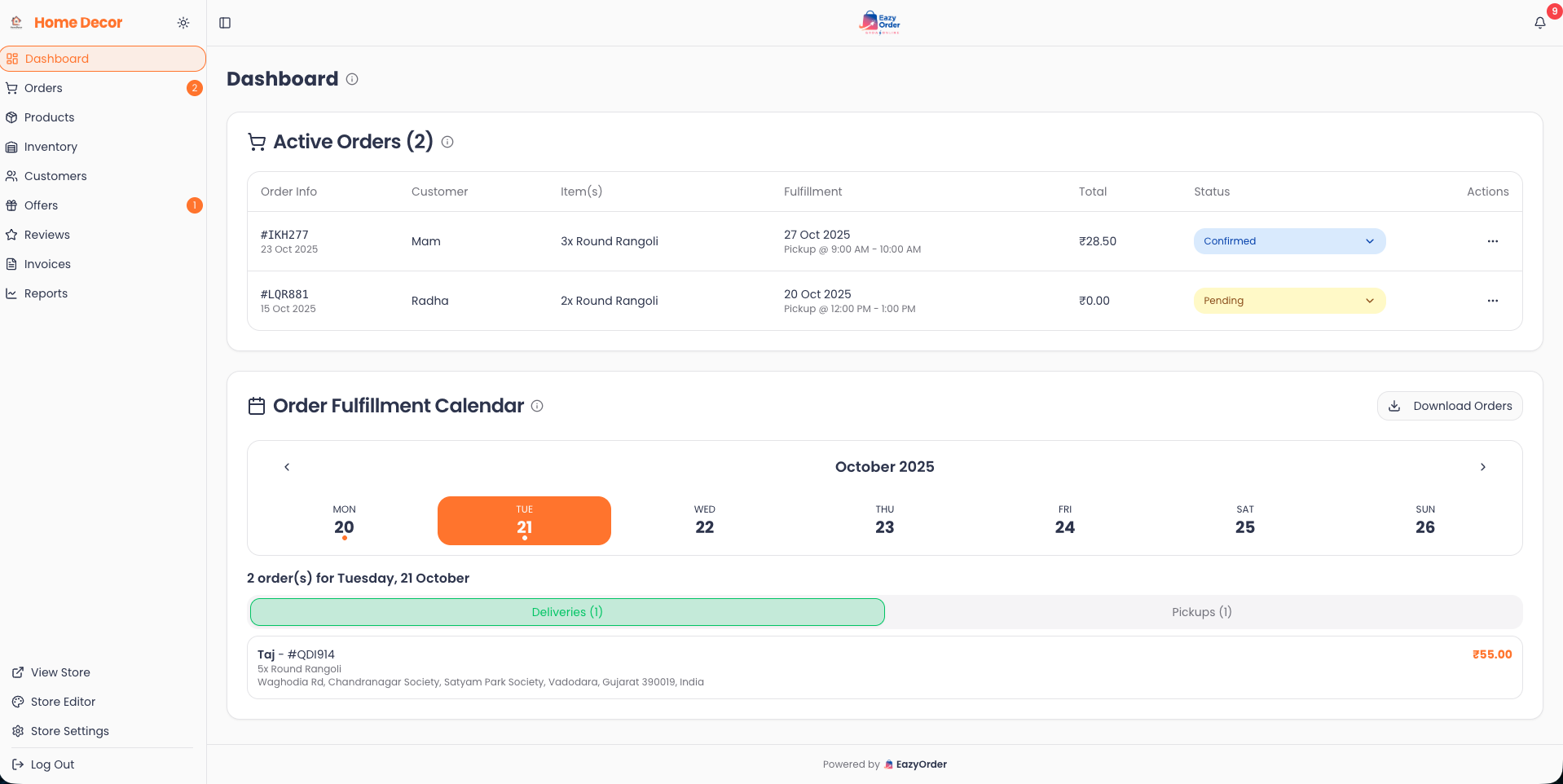 EazyOrder Dashboard Preview